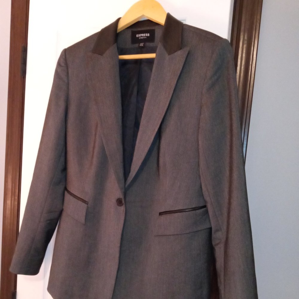 Express Leather Trimmed Gray and Black Stretch Blazer